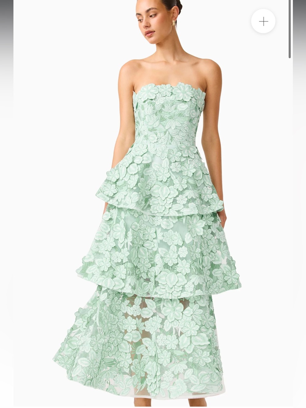 elliatt roseate green 3d floral lace applique strapless tiered maxi dress large - Picture 6 of 14